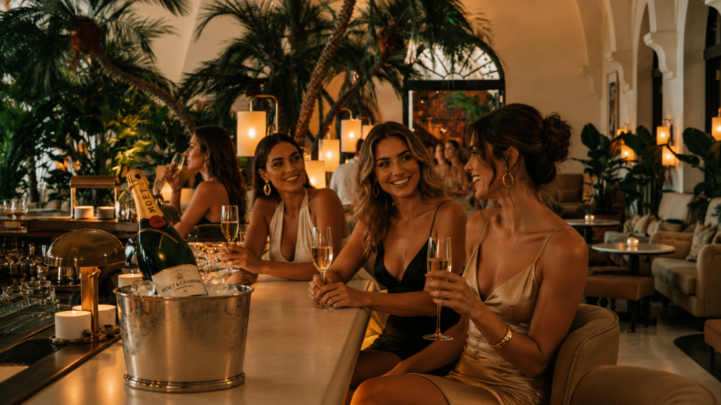 Models sipping champagne at the Champagne Bar 